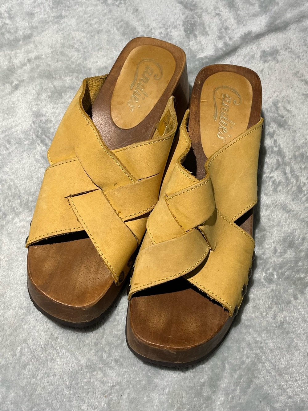 Candie's Mustard leather Crisscross Suede Slide Mules